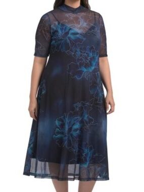 Johnny Was Athena Mesh Midi Dress Blue Floral Bohemian
